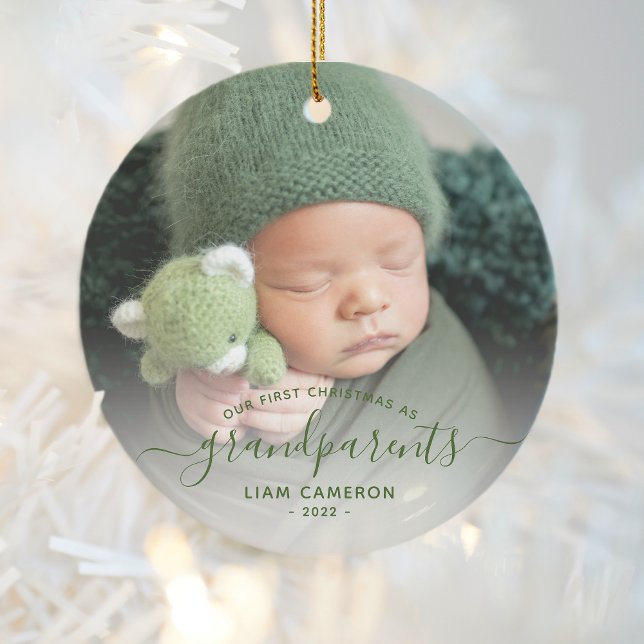 Grandparents First Christmas Photo Green Script Ceramic Tree Decoration (Creator Uploaded)