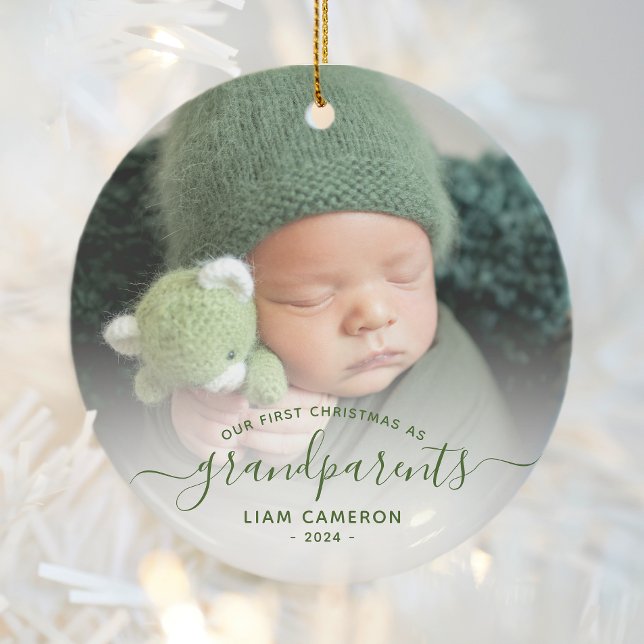 Grandparents First Christmas Photo Green Script Ceramic Tree Decoration (Creator Uploaded)