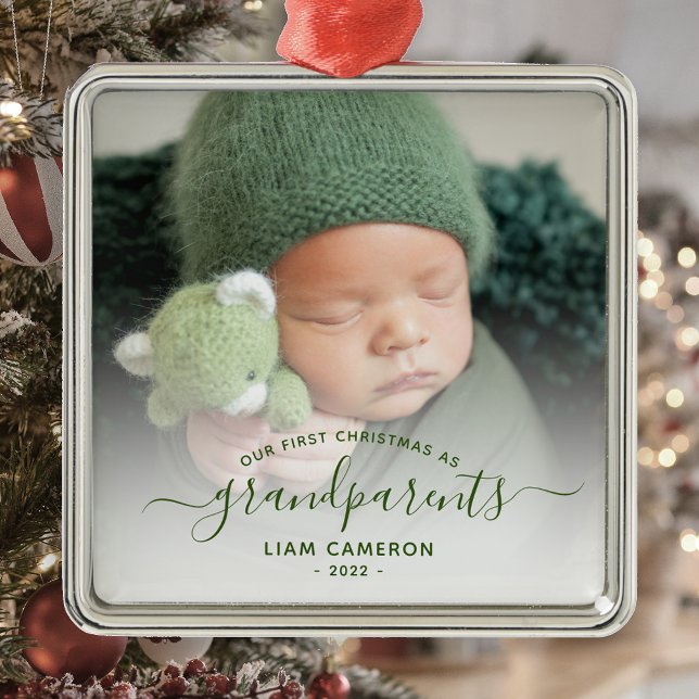 Grandparents First Christmas Photo Green Script Metal Tree Decoration (Creator Uploaded)