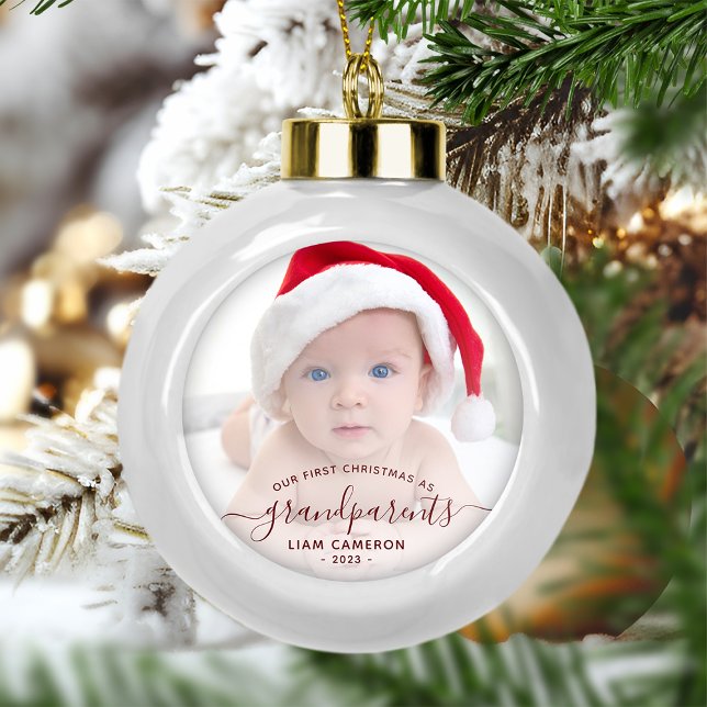 Grandparents First Christmas Photo Red Script Ceramic Ball Christmas Ornament (Creator Uploaded)