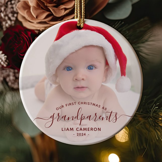 Grandparents First Christmas Photo Red Script Ceramic Tree Decoration (Creator Uploaded)