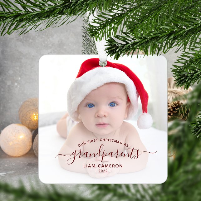 Grandparents First Christmas Photo Red Script Metal Tree Decoration (Creator Uploaded)