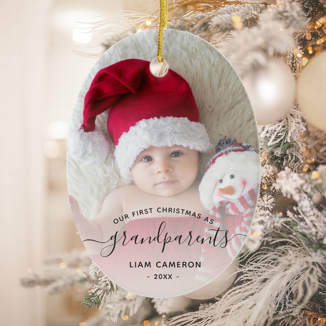 Grandparents First Christmas Photo Script Oval Ceramic Tree Decoration (Creator Uploaded)