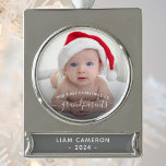 Grandparents First Christmas Photo White Script<br><div class="desc">Help them celebrate their first grandchild with this beautiful modern keepsake ornament. The white text reads "Our first Christmas as grandparents, " with the word "grandparents" in elegant handwriting script with flourishes before and after. Easily replace the sample images with your favourite photos of the new baby, and add his...</div>