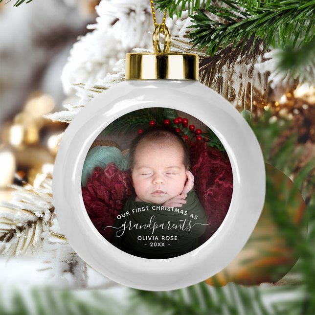 Grandparents First Christmas Photo White Script Ceramic Ball Christmas Ornament (Creator Uploaded)