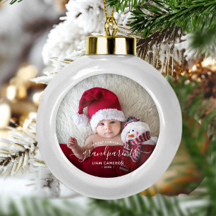 Grandparents First Christmas Photo White Script Ceramic Ball Christmas Ornament