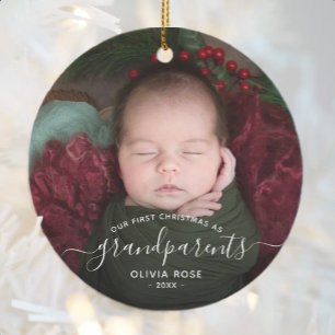 Grandparents First Christmas Photo White Script Ceramic Tree Decoration