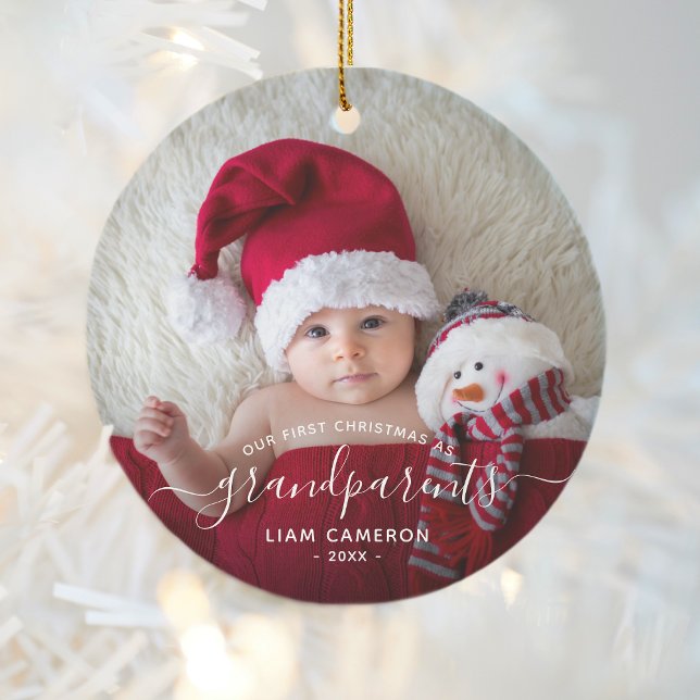 Grandparents First Christmas Photo White Script Ceramic Tree Decoration (Creator Uploaded)