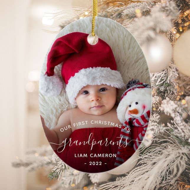 Grandparents First Christmas Photo White Script Ceramic Tree Decoration (Creator Uploaded)