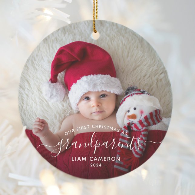 Grandparents First Christmas Photo White Script Ceramic Tree Decoration (Creator Uploaded)