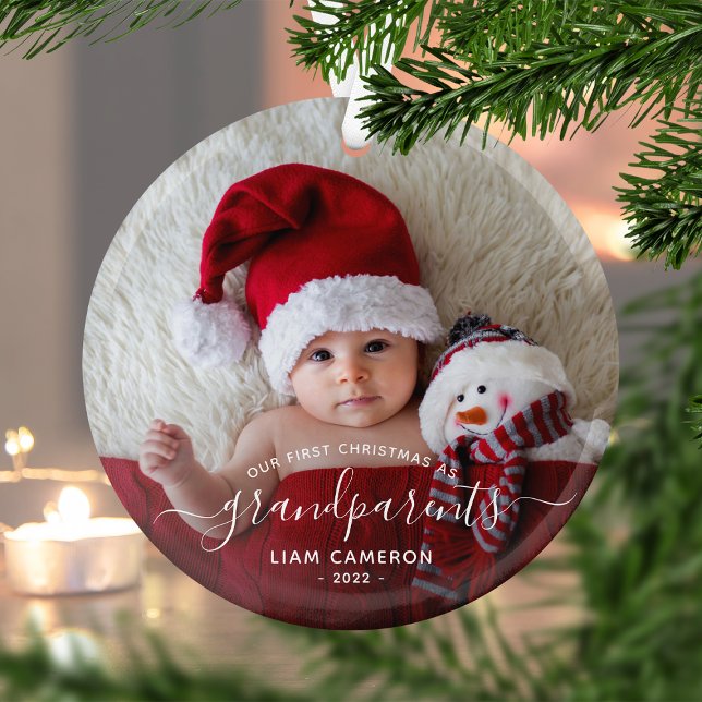 Grandparents First Christmas Photo White Script Glass Tree Decoration (Creator Uploaded)