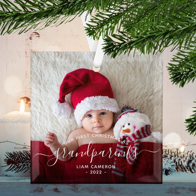 Grandparents First Christmas Photo White Script Glass Tree Decoration (Creator Uploaded)