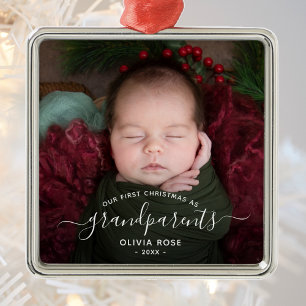 Grandparents First Christmas Photo White Script Metal Tree Decoration