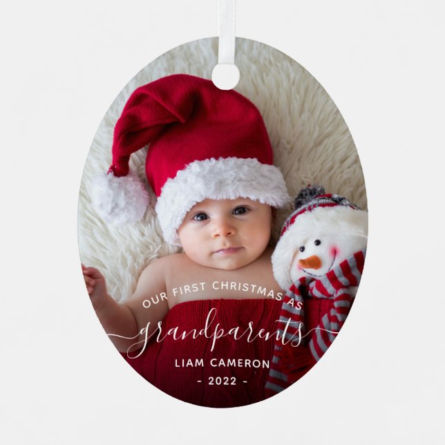 Grandparents First Christmas Photo White Script Metal Tree Decoration (Front)