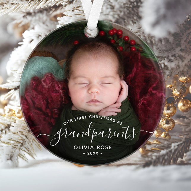 Grandparents First Christmas Photo White Script Ornament (Creator Uploaded)