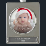 Grandparents First Christmas Photo White Script Silver Plated Banner Ornament<br><div class="desc">Help them celebrate their first grandchild with this beautiful modern keepsake ornament. The white text reads "Our first Christmas as grandparents, " with the word "grandparents" in elegant handwriting script with flourishes before and after. Easily replace the sample images with your favourite photos of the new baby, and add his...</div>