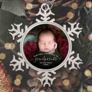 Grandparents First Christmas Photo White Script Snowflake Pewter Christmas Ornament