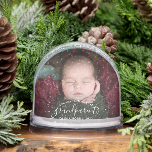 Grandparents First Christmas Photo White Script Snowglobe