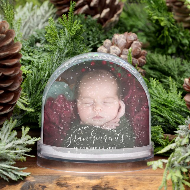 Grandparents First Christmas Photo White Script Snowglobe (Winter)