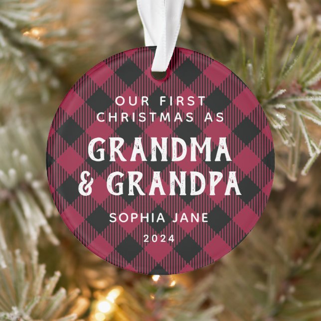 Grandparents First Christmas Rustic Plaid Photo Ornament (Tree)