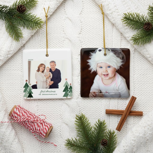 Grandparents First Christmas Rustic Trees Photo Ceramic Ornament (Creator Uploaded)