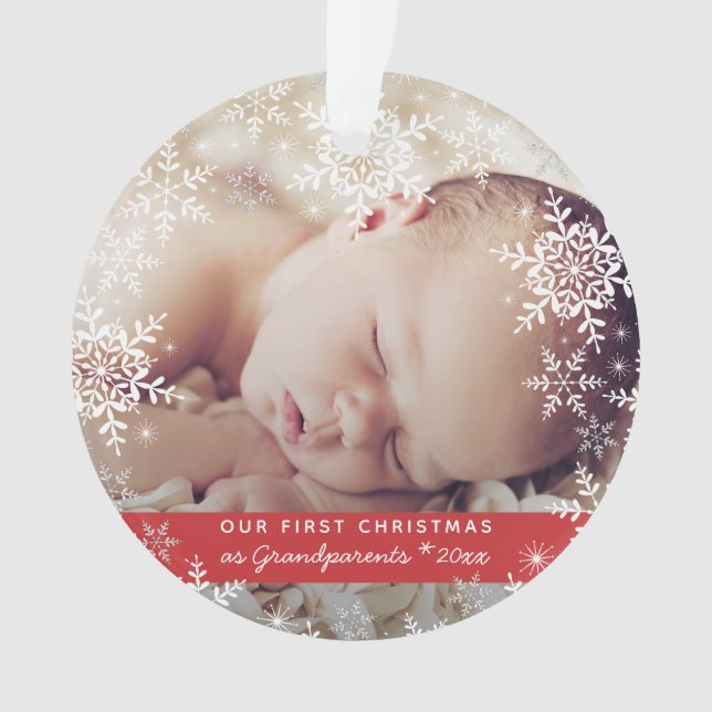 Grandparents First Christmas Snowflakes Baby Photo Ornament (Front)