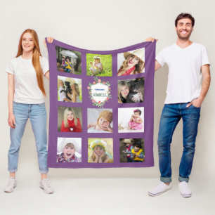 GRANDPARENTS Photo Collage Grandkids Purple Fleece Blanket