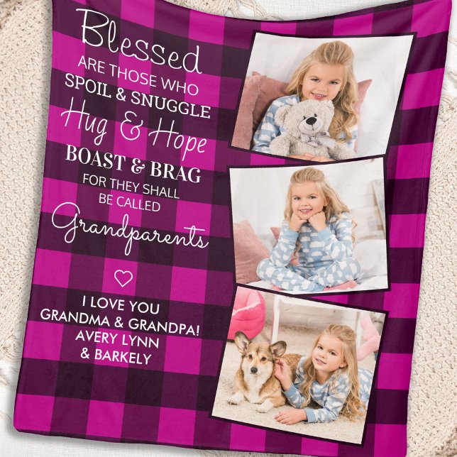 Grandparents Quote Custom 3 Photo Pink Plaid  Fleece Blanket (Creator Uploaded)