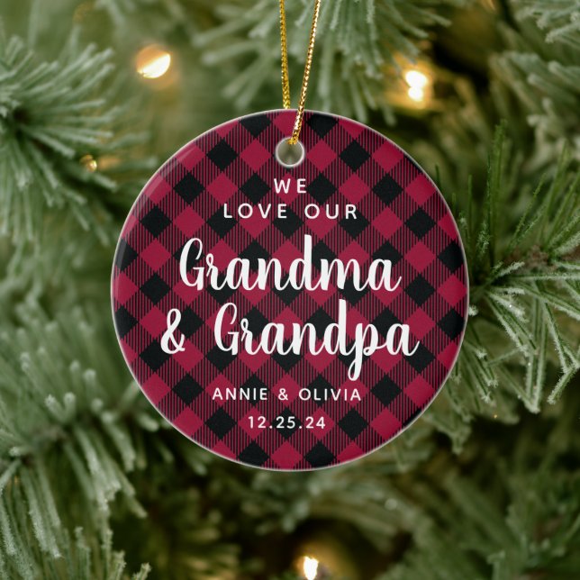 Grandparents Red Plaid Christmas Photo Two-Sided Ceramic Tree Decoration (Tree)
