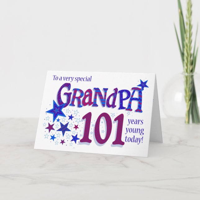 Grandpa's 101st Birthday Word Art with Stars Card (Front)