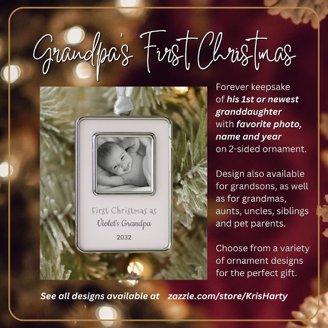 Grandpa's 1st Christmas Personalised Photo Name Silver Plated Framed Ornament (Grandpa's First Christmas with 2st or newest Granddaughter. Gift him this  photo forever keepsake.)