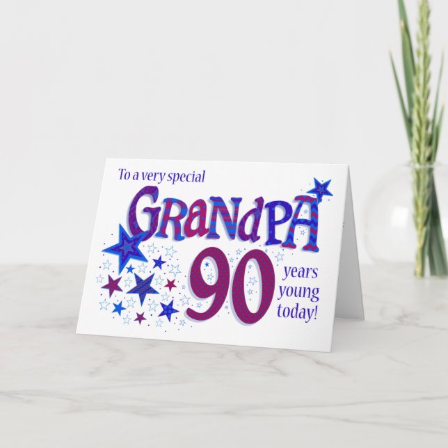 Grandpa's 90th Birthday Word Art with Stars Card (Front)