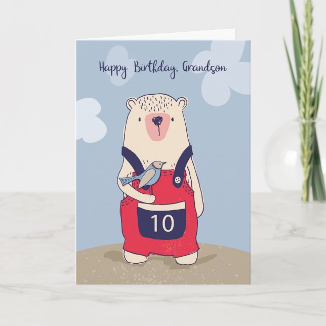 Grandson 10 Year Old Bear and Bird Birthday Card (Front)