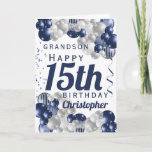 Grandson 15th Birthday Navy Balloon Card<br><div class="desc">A gorgeous navy and silver balloon happy 15th birthday card. This fabulous design is the perfect way to wish your grandson a happy 15th birthday (or any age!) Personalise with our own custom name and message. Blue coloured typography.</div>