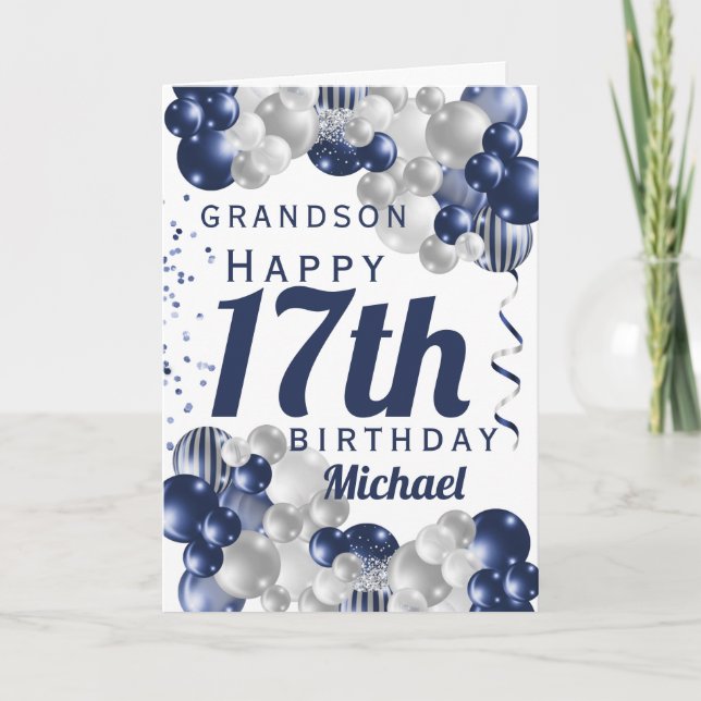 Grandson 17th Birthday Navy Balloon Card (Front)
