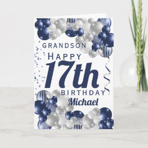 Grandson 17th Birthday Navy Balloon Card