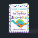 Grandson 1st Birthday Dinosaur Dino-Mite Card<br><div class="desc">A fabulous colourful polka dot and chevron birthday card for your Grandson,  Great Grandson or Great Nephew. Bright purple,  teal,  green and orange make this a eye catching and fun design. The perfect way to wish someone a happy birthday.</div>