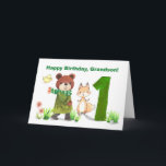 Grandson 1st Birthday Watercolor Bear and Fox  Card<br><div class="desc">Celebrate a whole year of love, laughter, and firsts with this adorable first birthday card for your grandson! A sweet bear in a cosy coat and scarf walks alongside a friendly fox, while a little yellow bird flutters nearby. Together, they journey towards a big number 1, marking this wonderful milestone....</div>