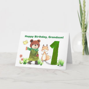 Grandson 1st Birthday Watercolor Bear and Fox  Card