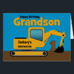 Grandson 1st Birthday Yellow Excavator Add Name<br><div class="desc">A fun first birthday card for a grandson who loves construction equipment and earth movers. It has a yellow digger on the front with an area on the cab where you can change the name of the construction company to your grandson's name. The number 1 is being scooped up in...</div>