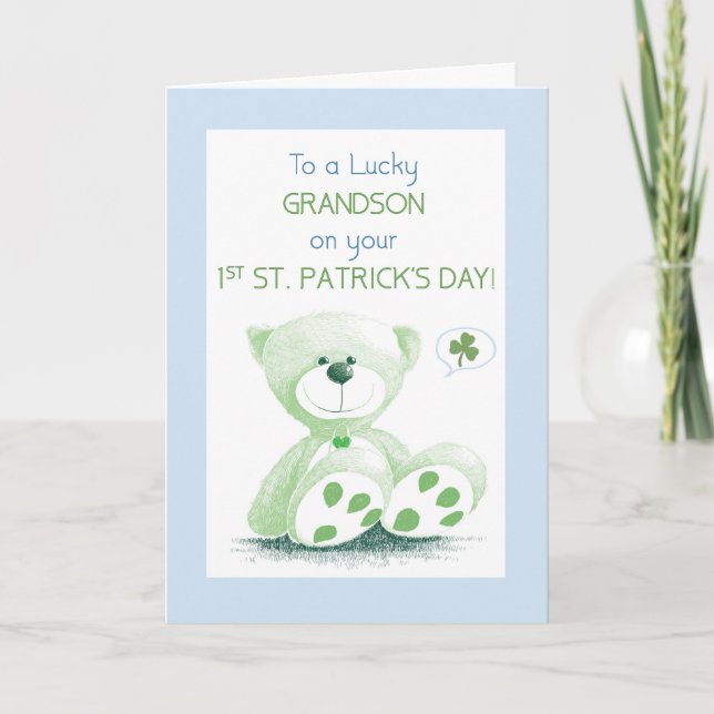Grandson 1st St Patricks Day Green Snuggly Bear Card (Front)