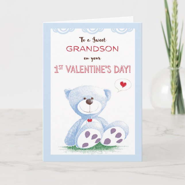 Grandson, 1st Valentine's Day, Blue Teddy Bear on Holiday Card (Front)