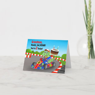 Grandson 2nd Birthday Dinosaur Race Car Ready Set Card