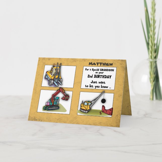 Grandson 2nd Birthday Personalise Name Trucks Card (Front)