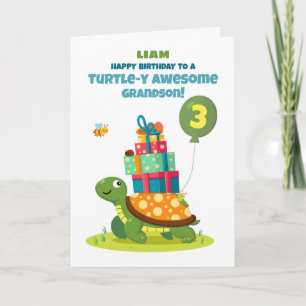 Grandson 3rd Birthday Personalise Cute Turtle Card