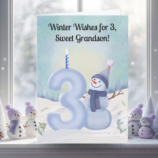 Grandson 3rd Birthday Snowman Snowy Three Card (Creator Uploaded)