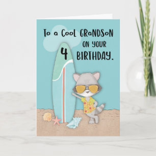 Grandson 4th Birthday Beach Funny Cool Racoon Card