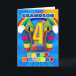 Grandson 4th Birthday Card With Bouncy Castle And<br><div class="desc">A sunny happy 4th birthday card with bouncy castle</div>