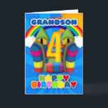 Grandson 4th Birthday Card With Bouncy Castle And<br><div class="desc">A sunny happy 4th birthday card with bouncy castle</div>