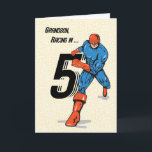 Grandson 5th Birthday Superhero Card<br><div class="desc">Happy 5th Birthday says this superhero as he runs in with the large number 5! Wish your grandson happy 5th birthday like the important superhero that he is!</div>
